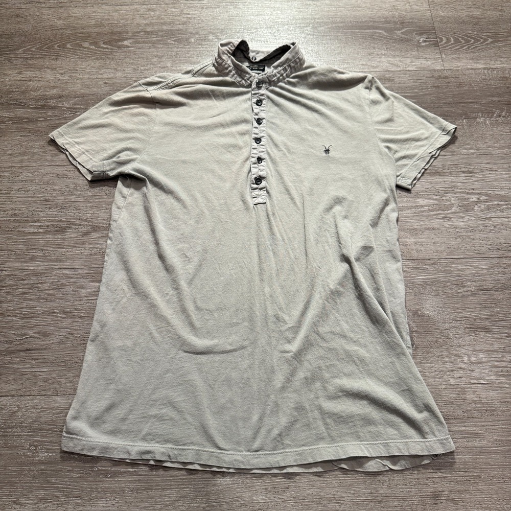 AllSaints Polo Shirt Mens Small Gray Cotton Ramskull Logo Grunge Popover MTJ602